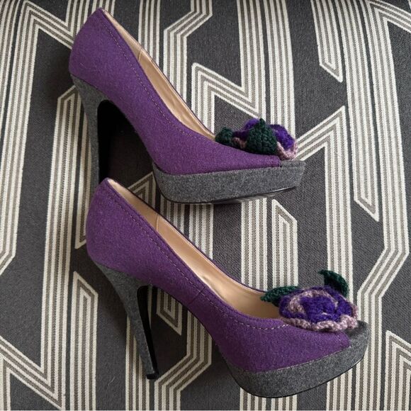 Primadonna Vera Pelle Purple Felt Wool Crochet Floral Peep Toe Pumps Size 10 - Picture 14 of 16